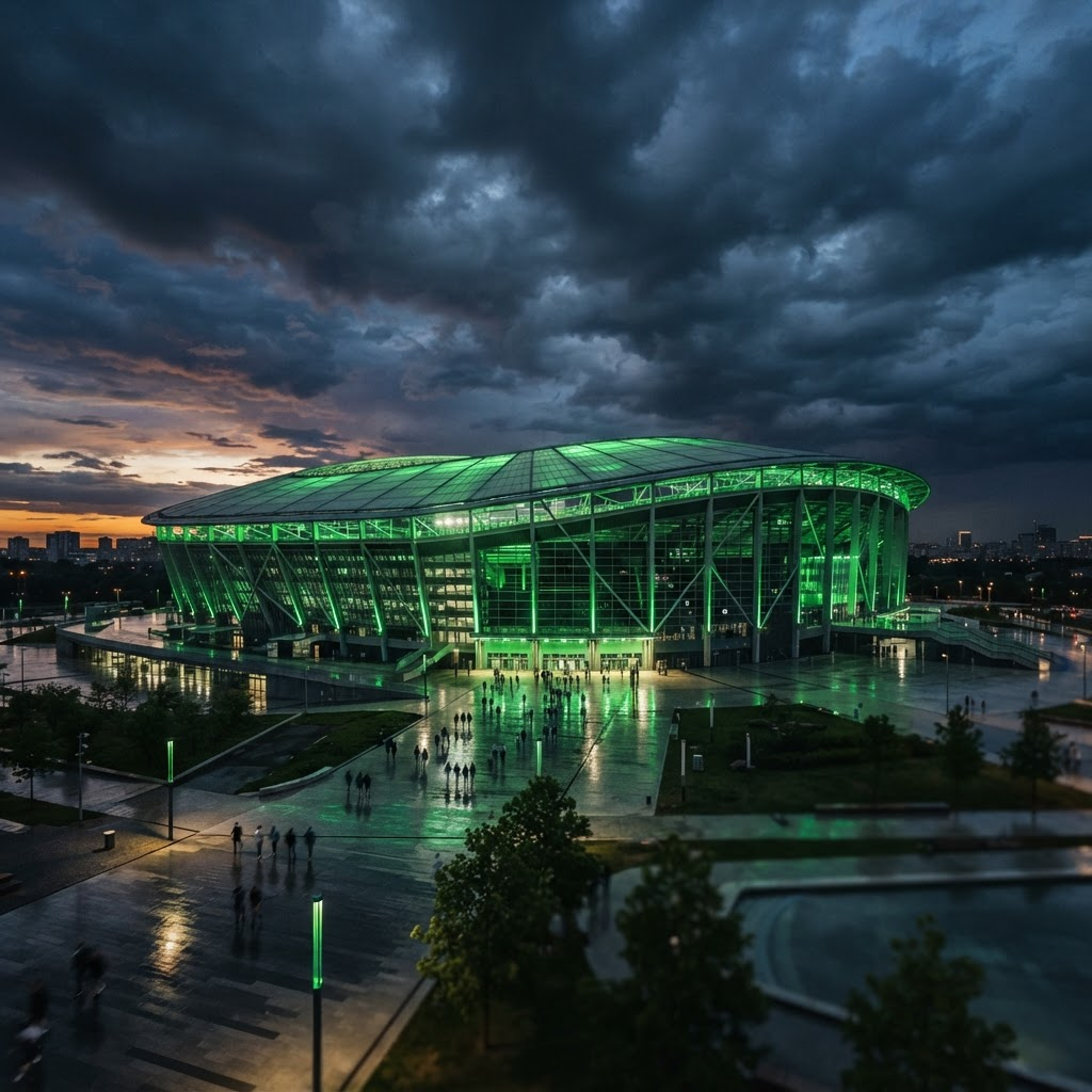 Estádio de futebol iluminado ao entardecer