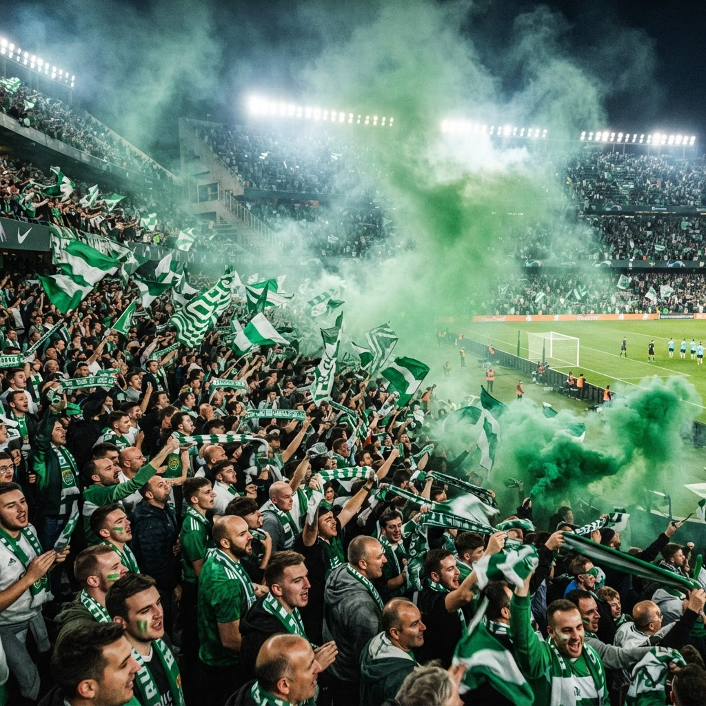 Torcida com bandeiras verdes e brancas no estádio